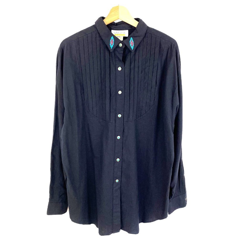 Sakura Sport‎ Men's Button Down Shirt Southwestern Embroidered Pintuck Size L